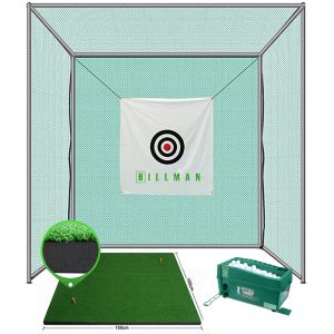 Hillman PGM 3m Semi-Commercial Golf Practice Cage 1.5m Deluxe Practice Mat with Tee And Ball Dispenser Package