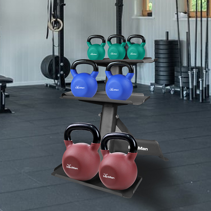 IronMan 4-24kg Kettlebell Set & Three-Tier Kettlebell Storage Rack | Eight Neoprene Coated Kettlebells