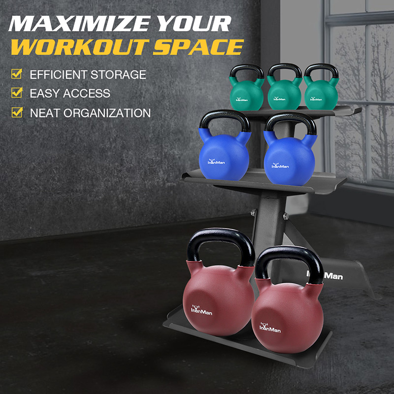 IronMan 4-16kg Kettlebell Set & Three-Tier Kettlebell Storage Rack | Eight Neoprene Coated Kettlebells