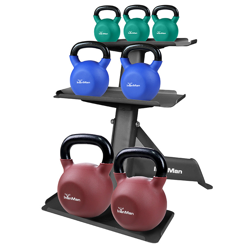 IronMan 4-16kg Kettlebell Set & Three-Tier Kettlebell Storage Rack | Eight Neoprene Coated Kettlebells