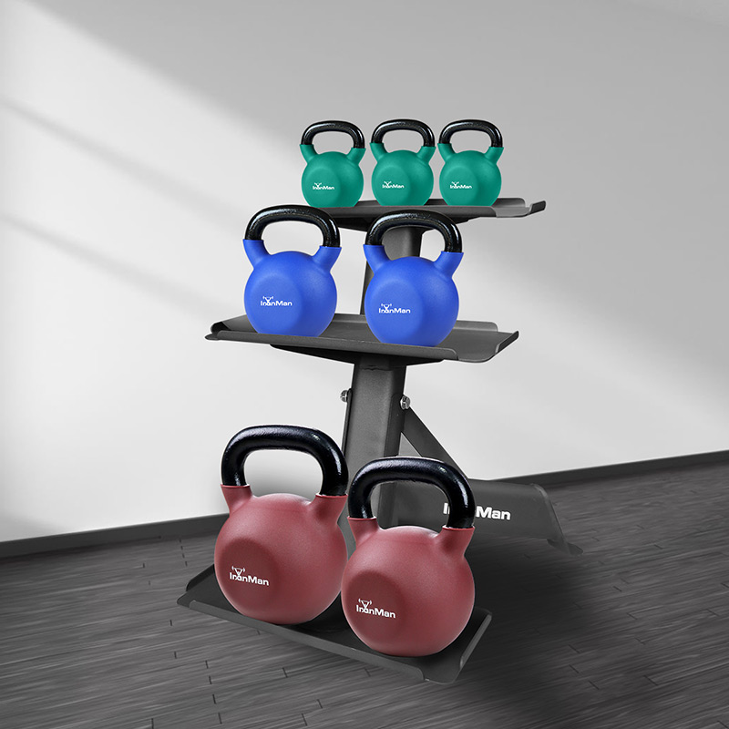 IronMan 4-16kg Kettlebell Set & Three-Tier Kettlebell Storage Rack | Eight Neoprene Coated Kettlebells