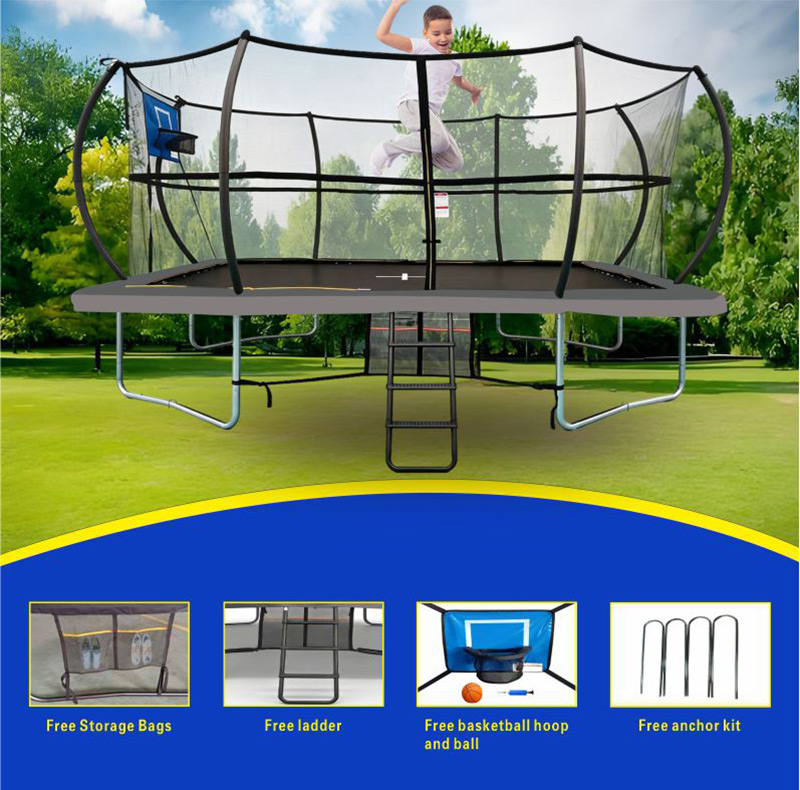 9x14ft Rectangular Trampoline with Safety Enclosure Grey - Free Ladder Shoe Tidy Anchor Kit Basketball