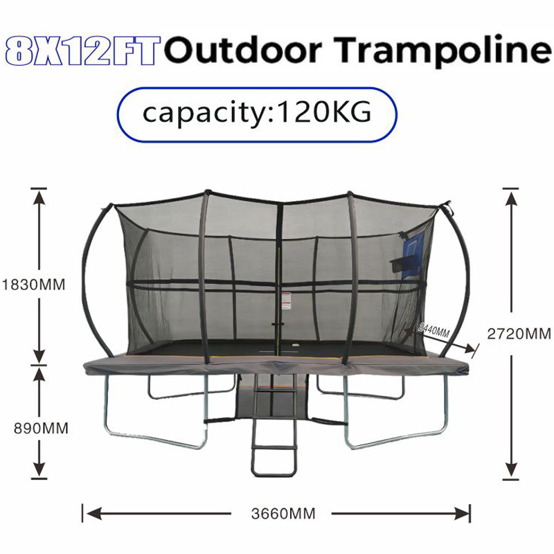 8x12ft Rectangular Trampoline with Safety Enclosure Grey - Free Ladder Shoe Tidy Anchor Kit Basketball