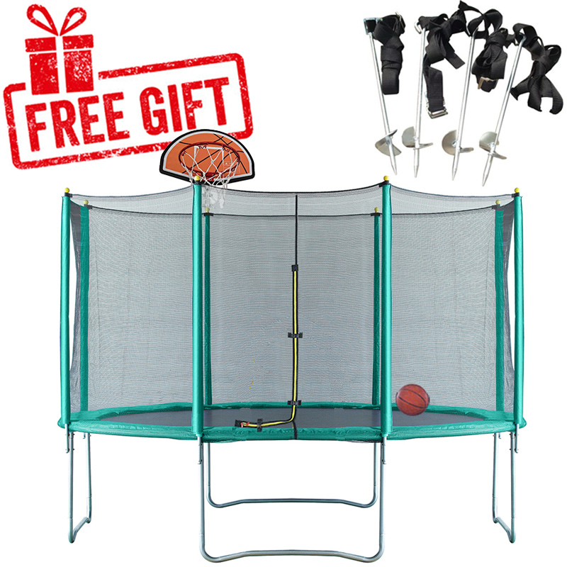 12ft Trampoline with Safety Enclosure - Free Basketball & Anchor kit - Green