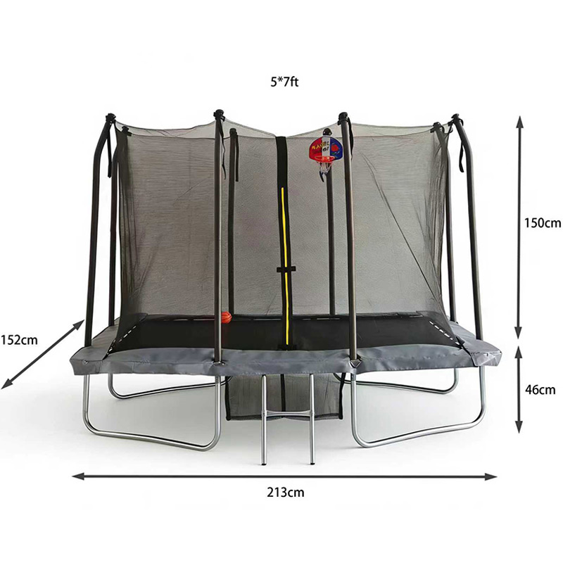 5x7ft Rectangular Trampoline with Safety Enclosure Grey FREE Ladder Basketball Game & Shoe Tidy