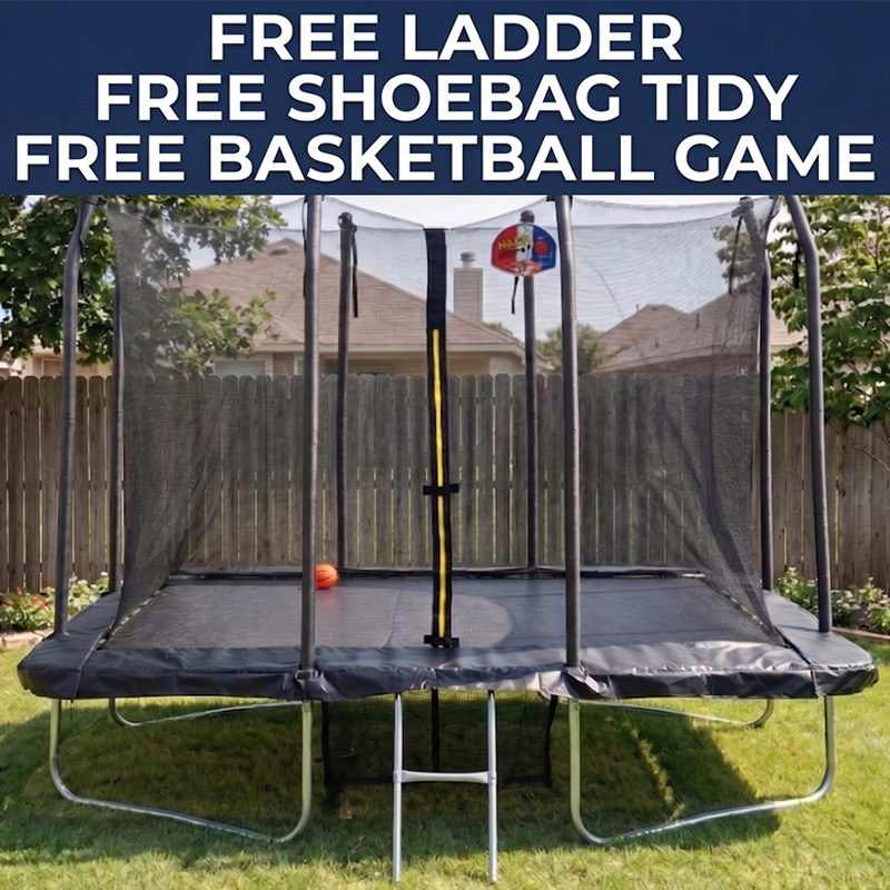 5x7ft Rectangular Trampoline with Safety Enclosure Black FREE Ladder Basketball Game & Shoe Tidy