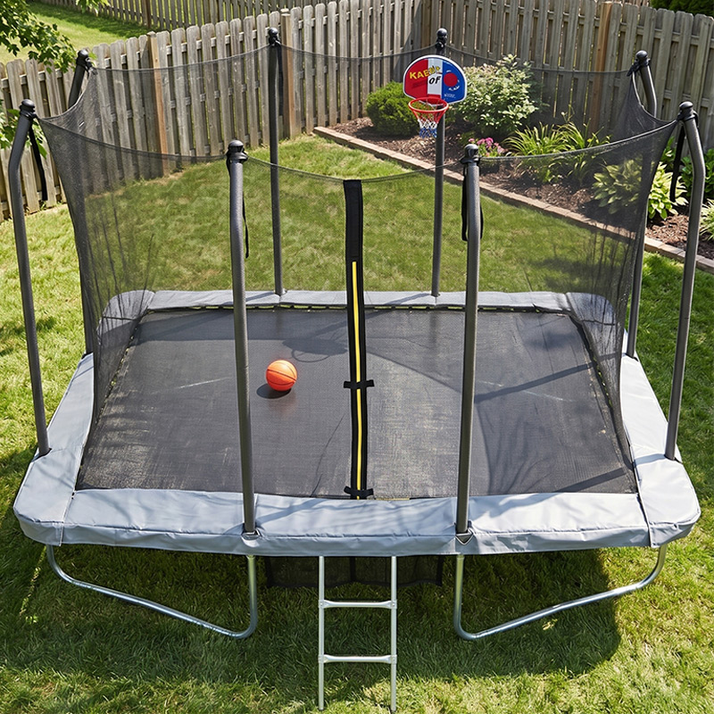 5x7ft Rectangular Trampoline with Safety Enclosure Grey FREE Ladder Basketball Game & Shoe Tidy