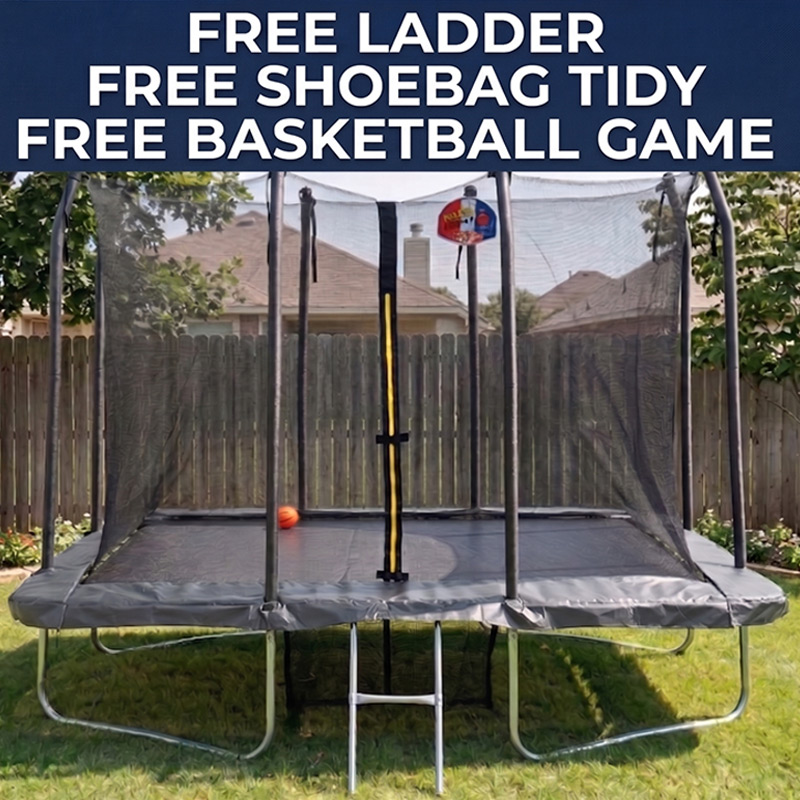 6x9ft Rectangular Trampoline with Safety Enclosure Grey FREE Ladder Basketball Game & Shoe Tidy