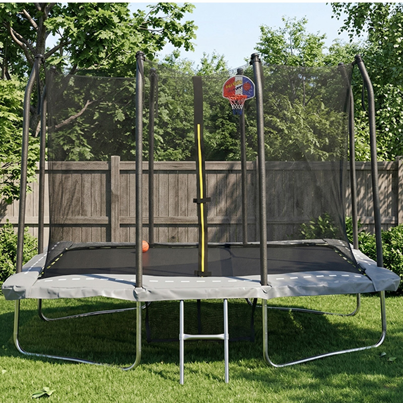 6x9ft Rectangular Trampoline with Safety Enclosure Grey FREE Ladder Basketball Game & Shoe Tidy