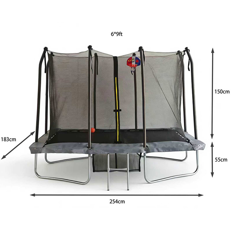 6x9ft Rectangular Trampoline with Safety Enclosure Grey FREE Ladder Basketball Game & Shoe Tidy
