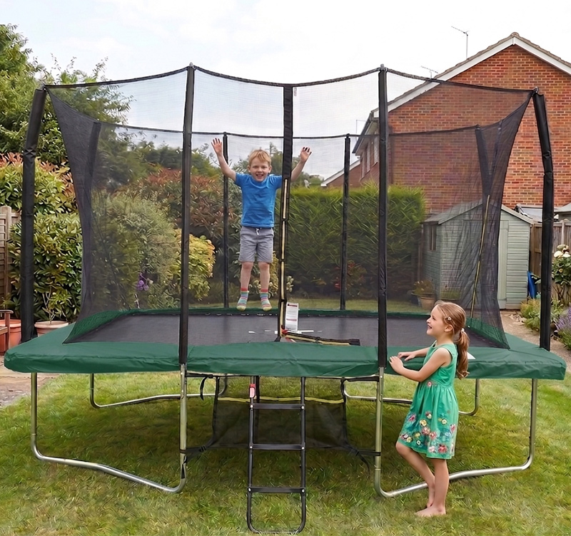 8x12ft Rectangular Trampoline with Safety Enclosure Green – Free Ladder & Shoe Tidy