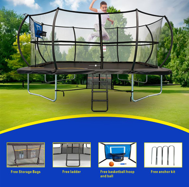 10x17ft Rectangular Trampoline with Safety Enclosure Black - Free Ladder Shoe Tidy Anchor Kit Basketball