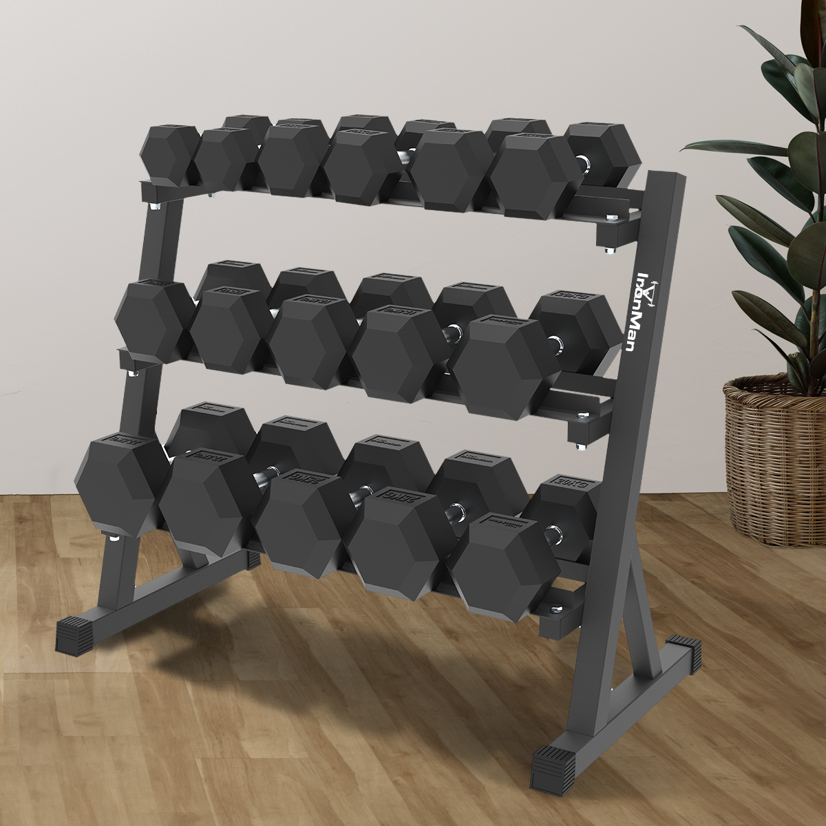 Image of Ironman Rubber Coated Hex Dumbbell & Commercial 130cm 3-Tier Rack Set (2.5kg to 40kg – 14 Pairs)